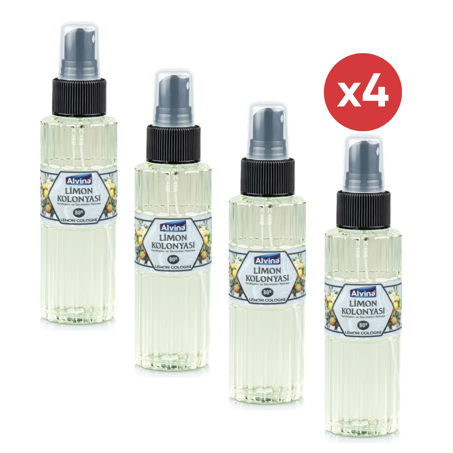 Alvina Citroen Eau de Cologne Spray 100ml 4-Pack – 80° Frisse Lemon Geur
